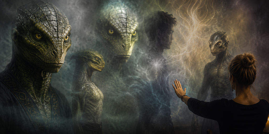 Illustration of reptilian beings with scaly humanoid features and an energetic overlay, depicting what reptilians look like during a spiritual encounter.
